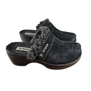 Crocs Black Faux Fur-Lined Clogs Womens Size 8 Suede Mules Shoes